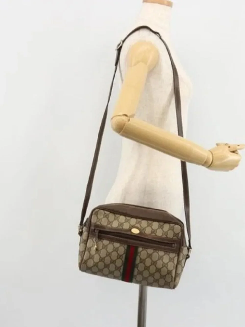 GUCCI GG Supreme Web Sherry Line Shoulder Bag PVC Beige Gold Auth 180803